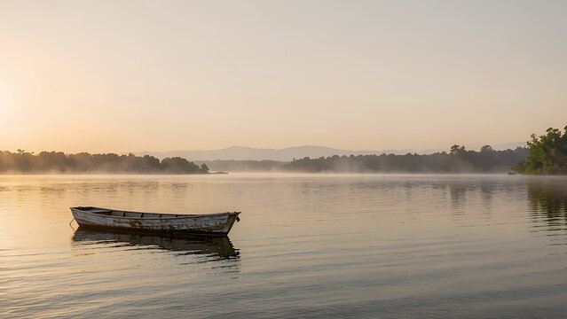 Old Wooden Rowing Boat Floating on Calm Misty Lake at Sunrise
