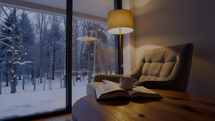 Fototapeta premium Cozy Reading Nook with Armchair and Hot Drink by Snowy Winter Window at Dusk 