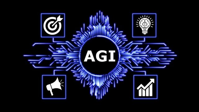 Agi artificial general intelligence concept on blue glowing circuit background.