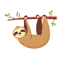 Fototapeta premium Cute sloth hanging from a tree branch, flat design illustration
