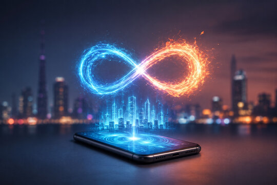 AI generated glowing infinity symbol above smartphone representing limitless digital connectivity innovation smart technology future communication virtual networks