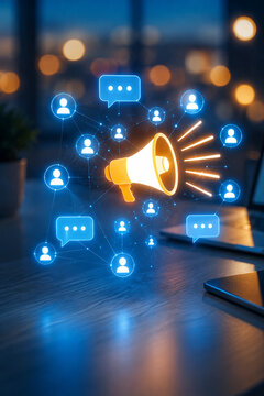AI generated digital marketing network megaphone social communication audience engagement online messaging brand promotion connected technology