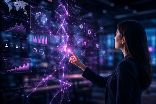 AI generated advanced data analytics dashboard global network visualization business intelligence monitoring digital transformation strategic decision support