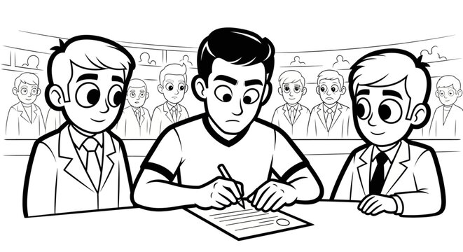 Young man taking written examination with two examiners watching.