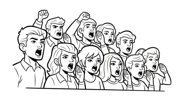 Illustration of passionate crowd protesting and shouting together.