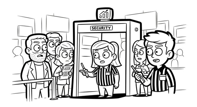 Cartoon security guard checking identification at office entrance.