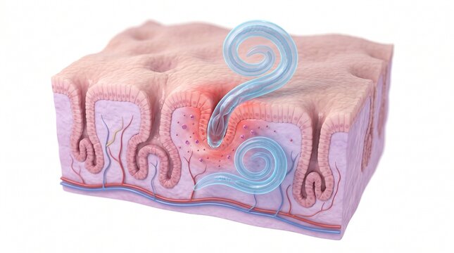 3D Microscopic Diagram of Anisakis Nematode Penetrating Gastric Mucosa