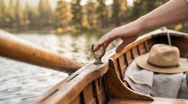 Close up of a man hand resting on a vintage wooden rowboat oarlock on a calm lake, representing peaceful summer leisure, outdoor adventure, and traditional boating lifestyle