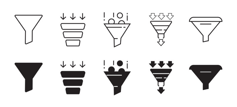 Filter icon funnel symbol. Product search sort collection . Data navigation controls collection. Line vector icon . Vector illustration