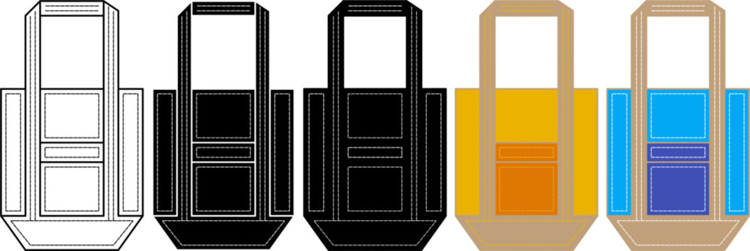 Tote bag or cloth bag icon set.shopping bags in outline, silhouette black and colorful styles. Eco-friendly carry bag symbol for retail, fashion, shopping and packaging design.vector illustration