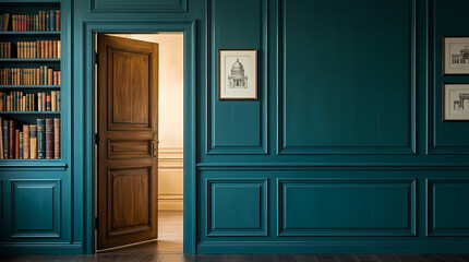 Obraz premium Interior of a room with teal walls and wooden door
