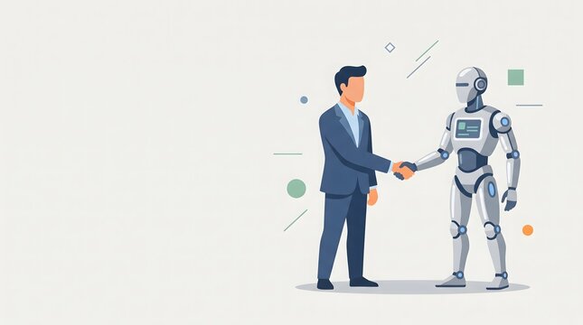 Professional illustration of a businessman shaking hands with a humanoid robot, symbolizing partnership between humans and artificial intelligence. AI generated image for business and innovation conce