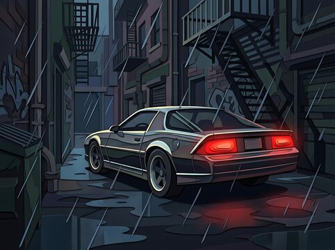 Chevy vector vintage car parked in a moody rainy urban alleyway
