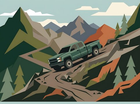 Chevy vector of a green pickup truck driving on a mountain trail