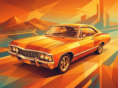 Vintage orange muscle car chevy vector in geometric landscape