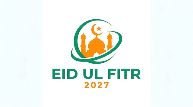 Modern eid ul fitr 2027 logo with orange mosque icon and green orbital swoosh background.