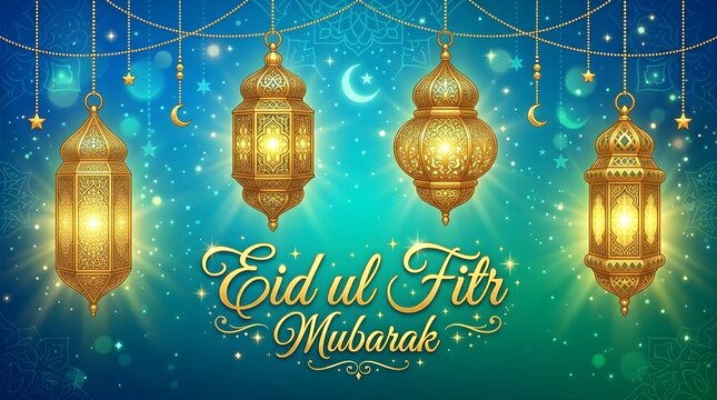 Golden lanterns hanging against teal glowing background with decorative eid ul fitr text.