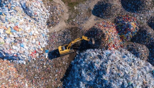 Aerial View of Industrial Landfill with Yellow Excavator Moving Plastic Waste for Recycling and Environmental Sustainability Management Website Banner