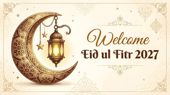 Eid ul fitr 2027 greeting card with crescent moon lantern and golden ornamental background.