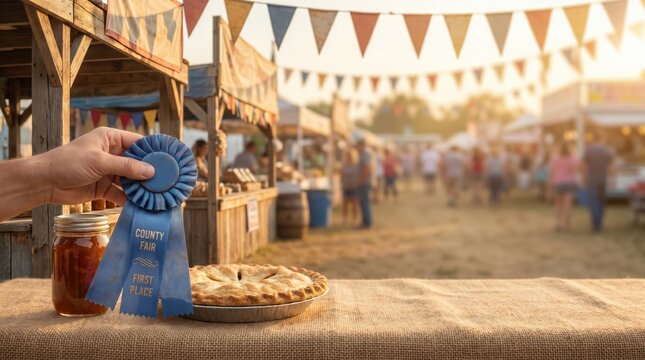 Hand holding blue first place ribbon at county fair with homemade pie and preserves on burlap table, representing agricultural competition victory and baking excellence