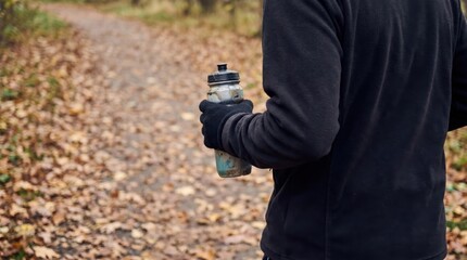 Fototapeta premium Active young man holding water bottle walking on autumn forest trail, fitness lifestyle concept, outdoor exercise in fall season, healthy habits and hydration during workout