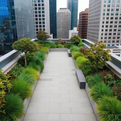 Obraz premium Green rooftop garden with plants, trees sits atop modern skyscraper with city buildings in background. Walkway path with stone tiles leads through benches, ornamental grasses creating peaceful urban