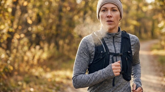 Active middle aged woman trail running in autumn forest wearing hydration vest and headband, cold weather fitness training, healthy lifestyle and endurance concept