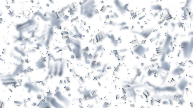 PNG image of&nbsp;Shiny silver metallic confetti falling in a festive celebration pattern with depth of field blur effects on transparent background