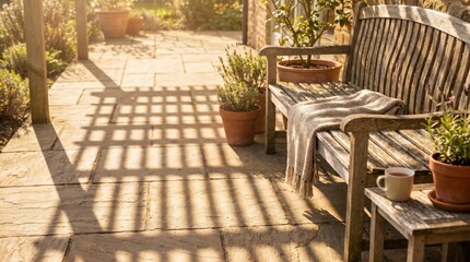 Fototapeta premium Cozy wooden garden bench on a stone patio at sunset with a warm blanket and tea cup, perfect for peaceful outdoor relaxation, mindfulness, and quiet morning coffee