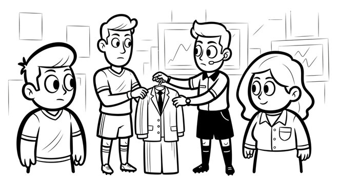 Cartoon kids sharing and presenting a lab coat together.