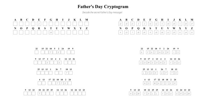 Father's Day cryptogram puzzle template with encoded letters  