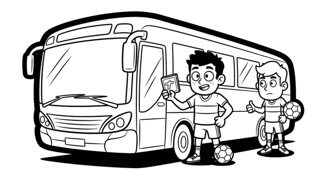 Cartoon kids playing soccer near large passenger bus.