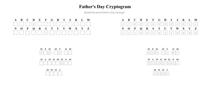 Father's Day cryptogram puzzle with letter substitution grid  