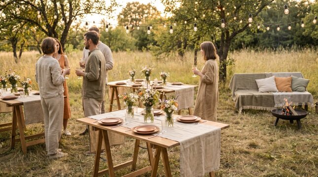 Outdoor garden party with friends at sunset, group of young adults enjoying dinner in a meadow, rustic picnic celebration with string lights and wildflowers, cozy evening gathering