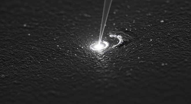 Precise laser beam etching intricate detail onto dark textured surface
