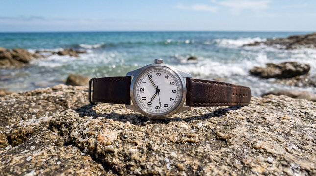 Personal perspective looking down at classic analog watch without logo resting on warm outdoor rock