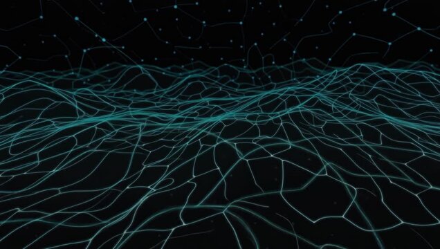Abstract AI Neural Network Grid Loop with Glowing Cyan Plexus Lines and Floating Star Data Nodes

