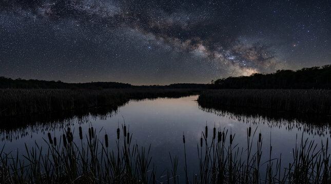 Beautiful calm marshland landscape with cattails silhouetted against night sky filled with bright glowing constellations