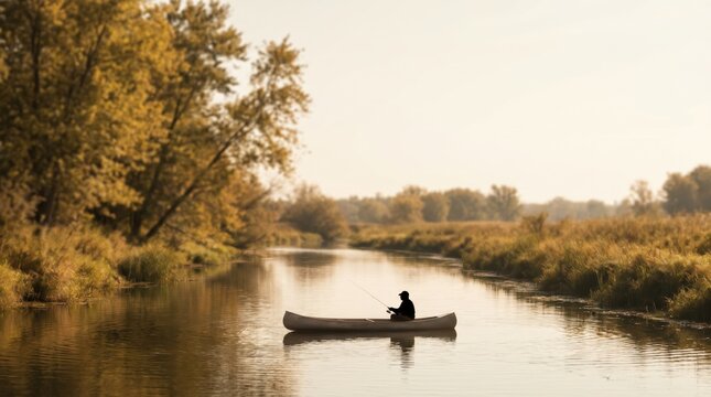 Solitary man fishing from a canoe on a calm river during autumn, peaceful outdoor recreation concept, serene nature landscape for travel and lifestyle editorial