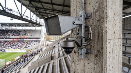 Fototapeta premium Close up of a security loudspeaker and camera unit installed on a concrete stadium wall