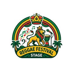 Fototapeta premium Reggae Festival Stage Icon: Lion, Crown, Djembe Drum, Microphone, Music Notes