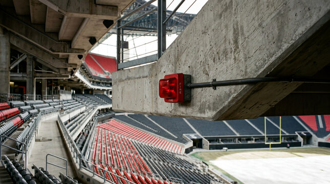 Red industrial fire alarm strobe light mounted on grey concrete beam inside modern facility building