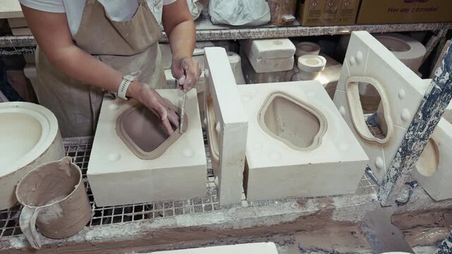 Ceramic Artisan Working With Plaster Molds In Pottery Workshop