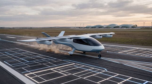 Futuristic electric aircraft emergency landing on empty smart runway clean technology concept scene background