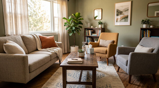 Comfortable family counseling therapy room setup with modern sofa chairs and unbranded wooden coffee table