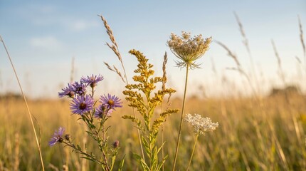 Obraz premium Late Summer Wildflowers in Meadow at Golden Hour, Purple Asters and Goldenrod Blooms, Natural Botanical Background for Seasonal Greeting Cards and Nature Conservation Concepts