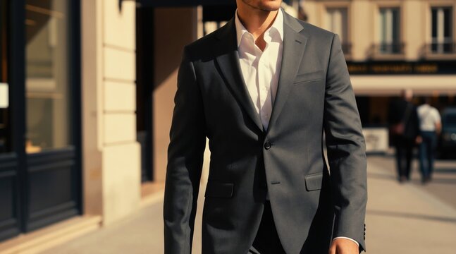 Man in dark suit walks on city street. White shirt collar visible. Buildings line urban sidewalk with sunlit facade. Business people in background.