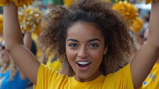Young woman cheering with pom-poms at a sporting event.