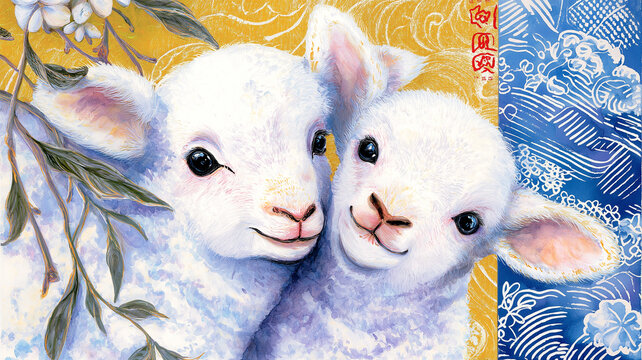 2027年の干支年賀状に映える和風イラスト。二匹の羊を主役に、花柄、和柄、手描き感のあるやさしい表現を重ねた、迎春、新年、正月、賀詞、年賀はがき、ポストカード、背景素材、装飾、挿絵、表紙、テンプレート、販促物、和モダン、グリーティングカード向けの華やかな祝賀デザイン。新年販促や挨拶状づくりに好適。新年の挨拶や贈り物にも映える意匠。新年の挨拶や贈り物にも映える意匠。新年の挨拶や贈り物にも映える意匠。