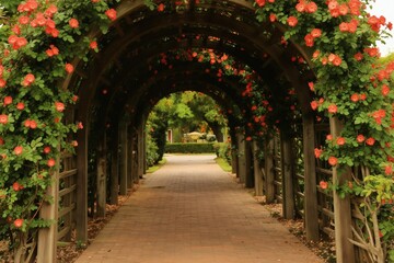 Fototapeta premium Wooden garden archway covered with pink roses leads to park. Pathway lined with plants and flowers offers serene walk. Enjoy summer day surrounded by nature.